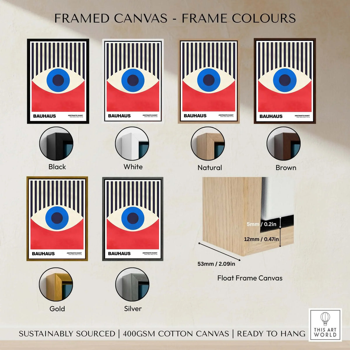 Bauhaus Exhibition Prints - Abstract Eye Art Print Geometric Red Blue Design options in various frame colors.