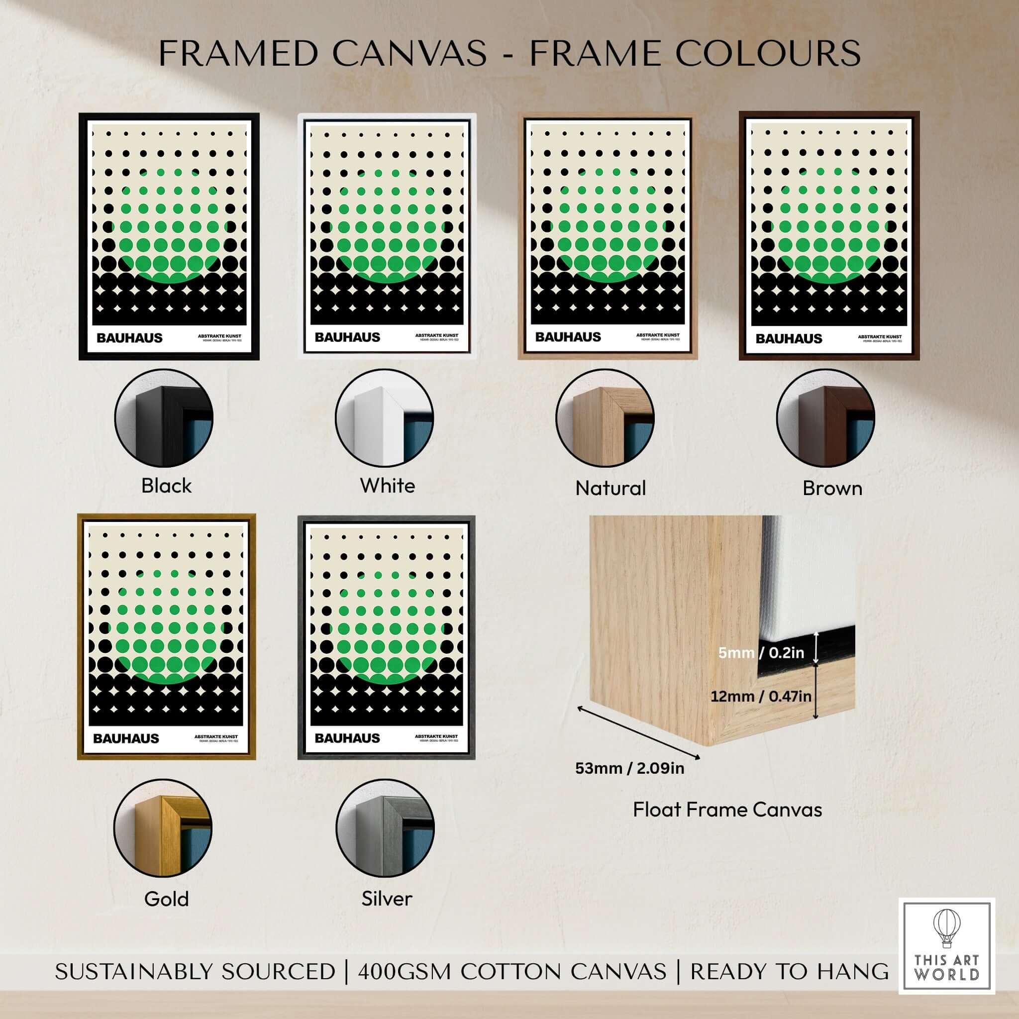 Bauhaus Exhibition Prints - Abstract Circle Pattern Art Print Green Black Dot Gradient framed canvas color options display.