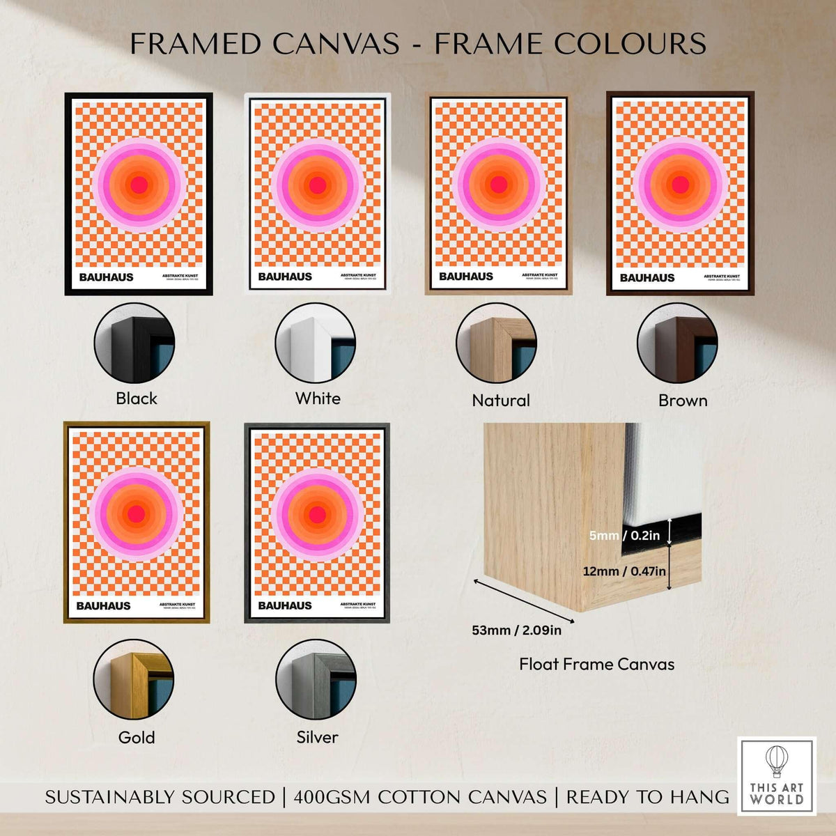 Bauhaus Exhibition Prints - Pink Circles Poster Orange Checkerboard Art framed canvas options in various colors.
