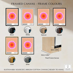 Bauhaus Exhibition Prints - Pink Circles Poster Orange Checkerboard Art framed canvas options in various colors.