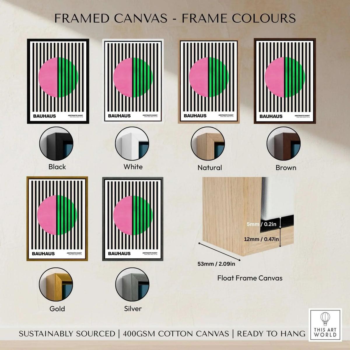 Bauhaus Exhibition Prints - Split Circle Abstract Art Print Pink Green Stripes framed canvas color options display.