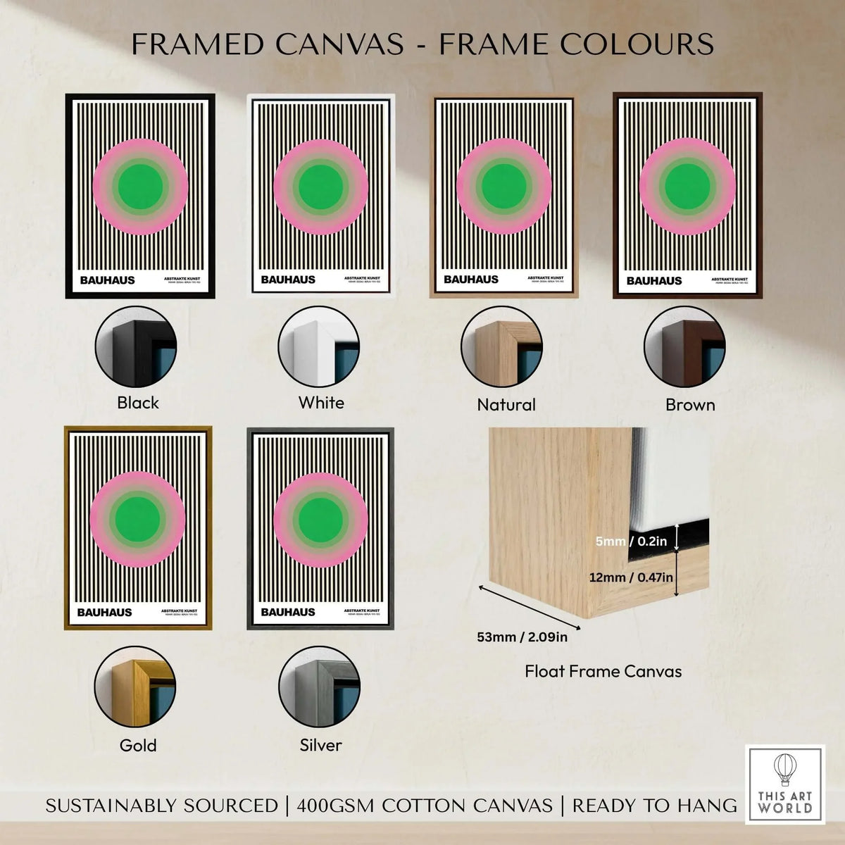Bauhaus Exhibition Prints - Concentric Circles Poster Pink Green Striped Art framed canvas colour options.