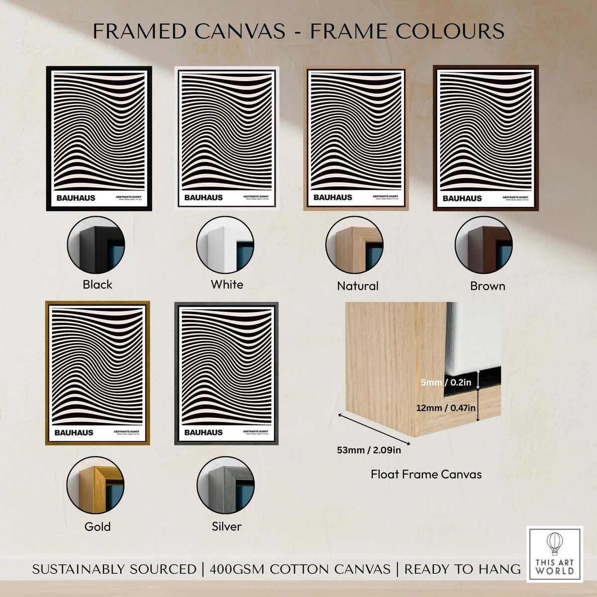 Bauhaus Exhibition Prints -  Optical Wave Lines Art Print Black Cream Abstract framed canvas options and colors