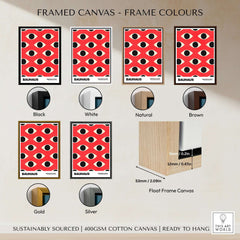 Bauhaus Exhibition Prints - Repeating Eyes Pattern Poster Red Black Cream Art framed color options for decor enhancement.