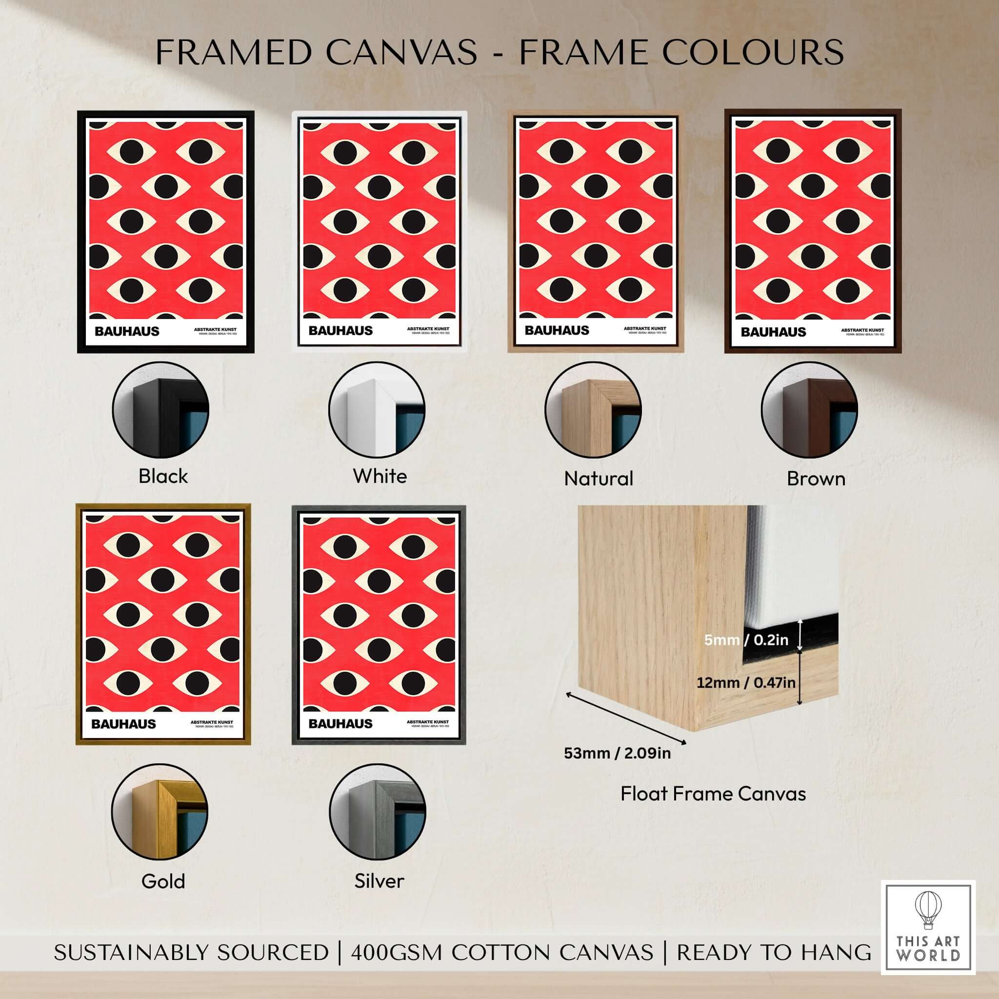 Bauhaus Exhibition Prints - Repeating Eyes Pattern Poster Red Black Cream Art framed color options for decor enhancement.