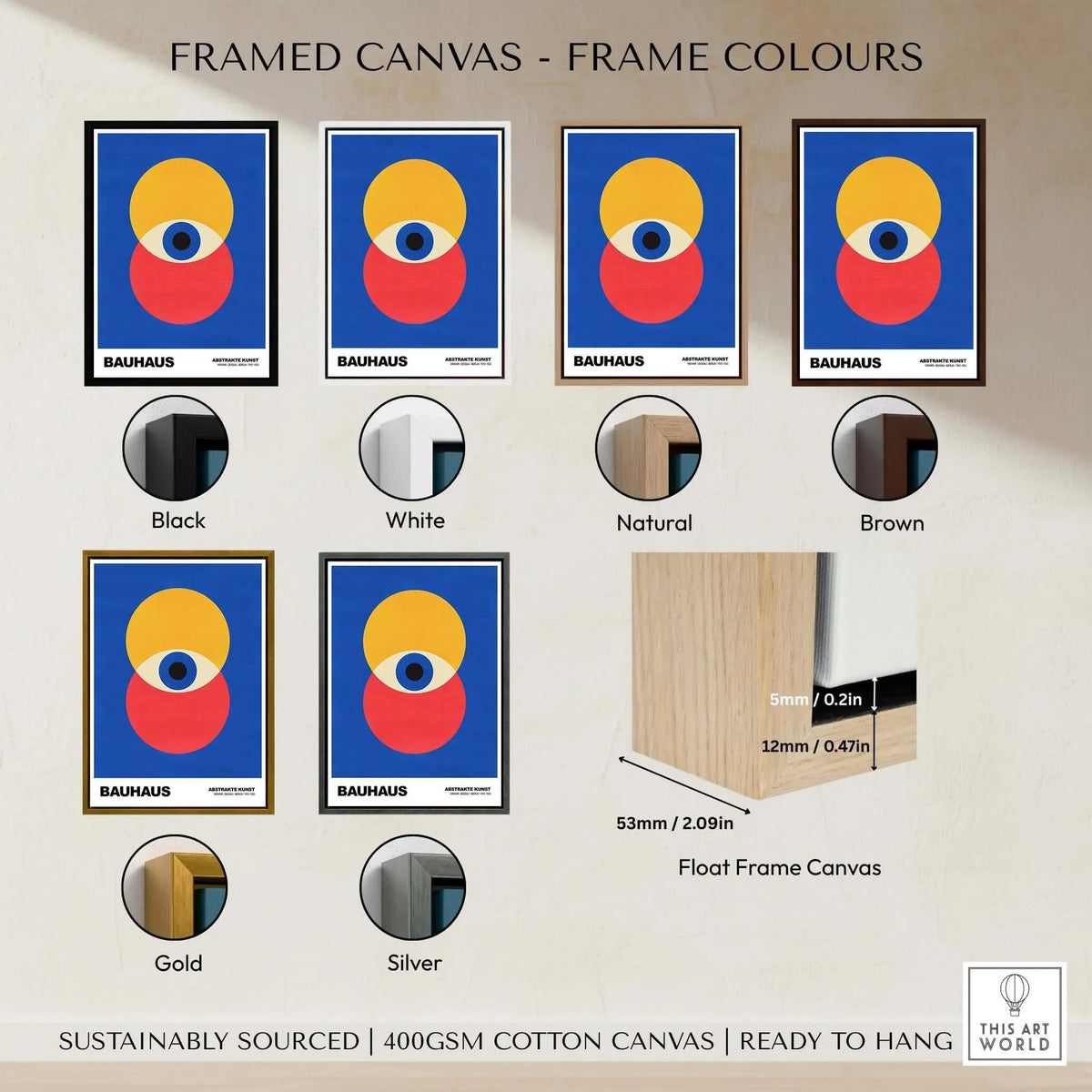 Bauhaus Exhibition Prints - Abstract Eye Circles Poster - Blue Yellow Red Primary Art framed in various colours.