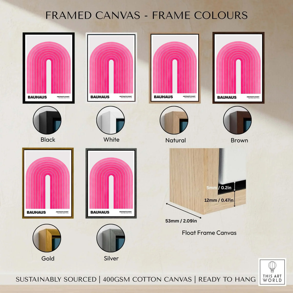Bauhaus Exhibition Prints - Concentric Pink Arch Poster Minimalist Geometric Art framed in various color options.