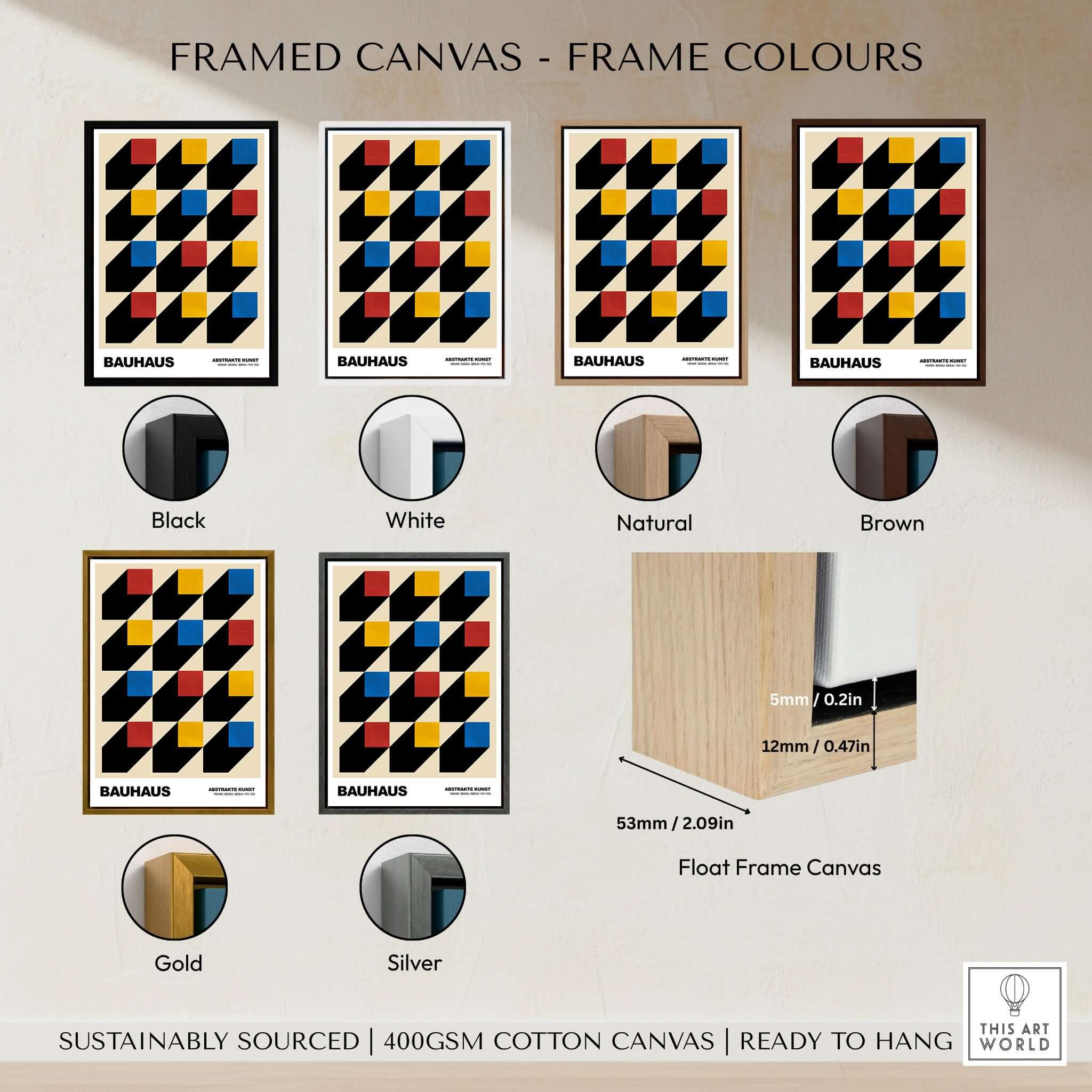 Bauhaus Exhibition Prints - Isometric Cubes Art Print Red Yellow Blue Design framed canvas options displayed.