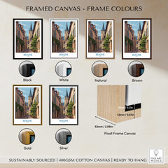Framed canvas options for Beaune France Wall Art – Village Print, showcasing black, white, natural, brown, gold, and silver frames.