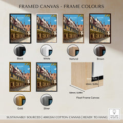 Beaune Travel Poster – Hospices de Beaune Architecture and Courtyard Art framed in various colors including Black, White, Natural, Brown, Gold, and Silver.