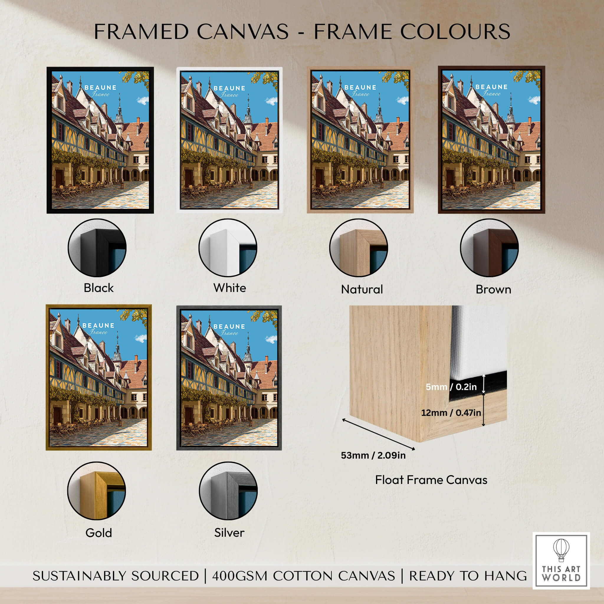 Beaune Travel Poster – Hospices de Beaune Architecture and Courtyard Art framed in various colors including Black, White, Natural, Brown, Gold, and Silver.