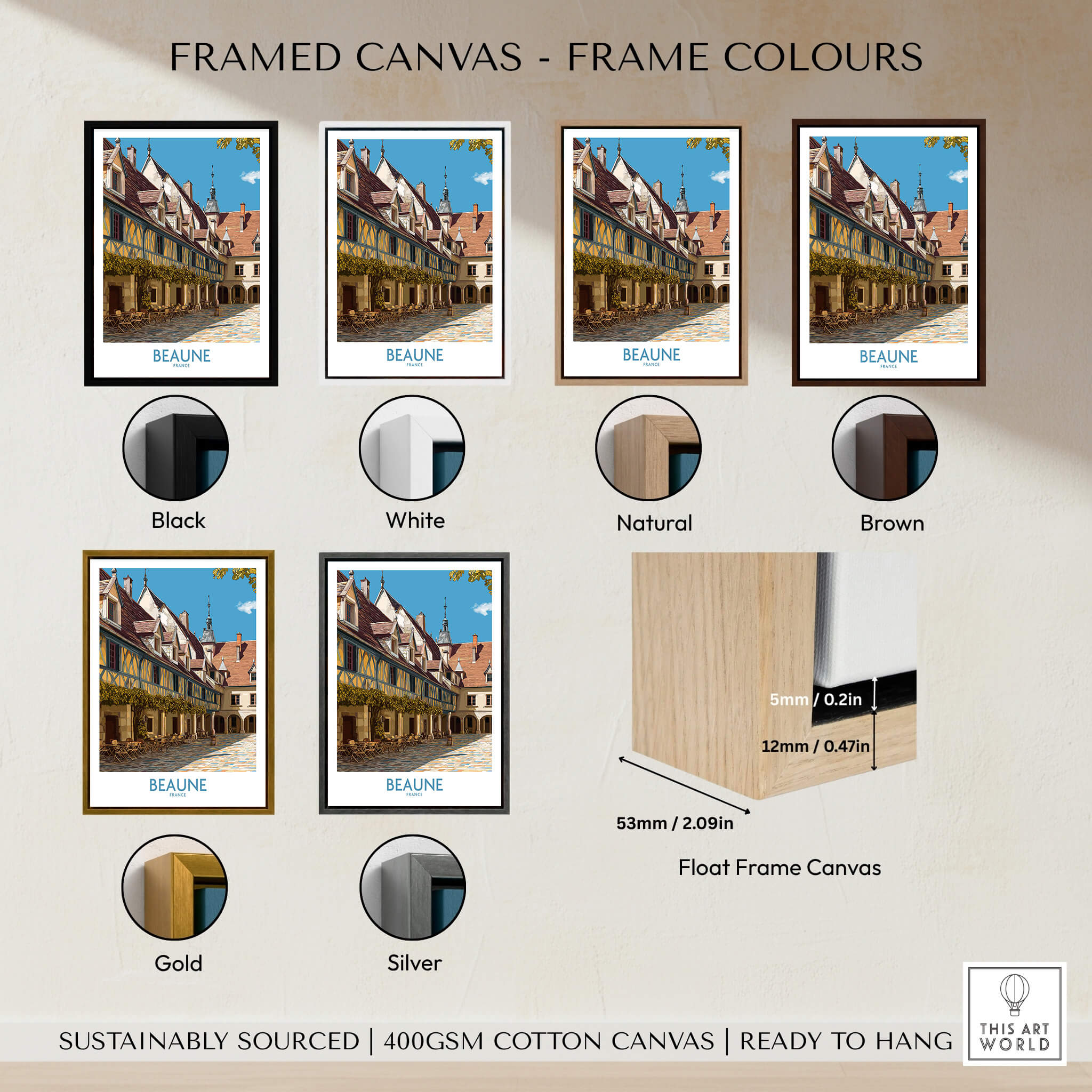Framed canvas options for Beaune France Print – Hospices de Beaune Wall Art including various frame colors.