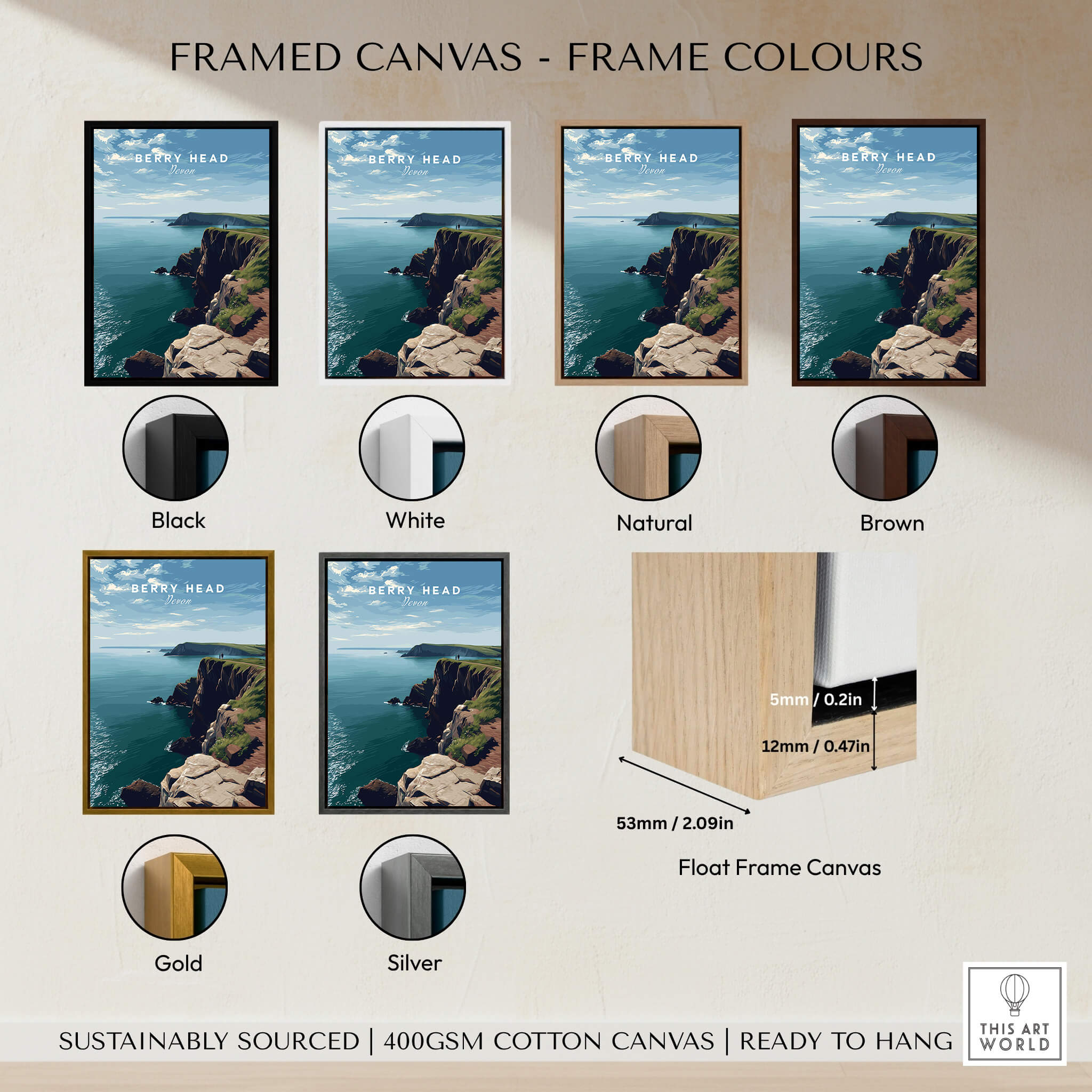 Berry Head Travel Poster – Devon Coastal Cliffs and Ocean View Print framed canvas options in various colors.