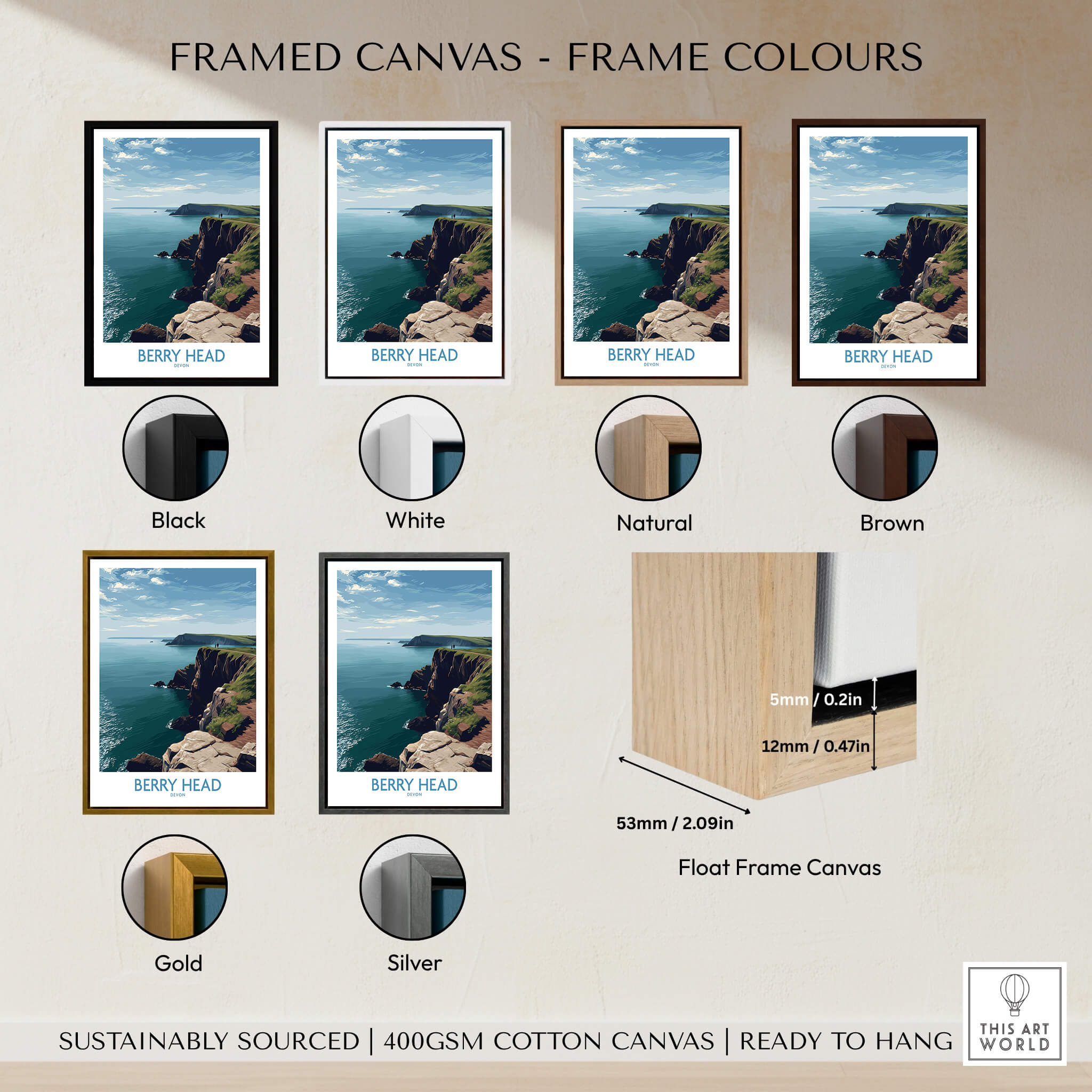 Berry Head Devon Wall Art – English Coast Print framed canvas examples in various frame colors.