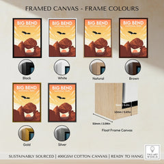 Big Bend National Park travel poster wall art with six frame color options and float frame detail