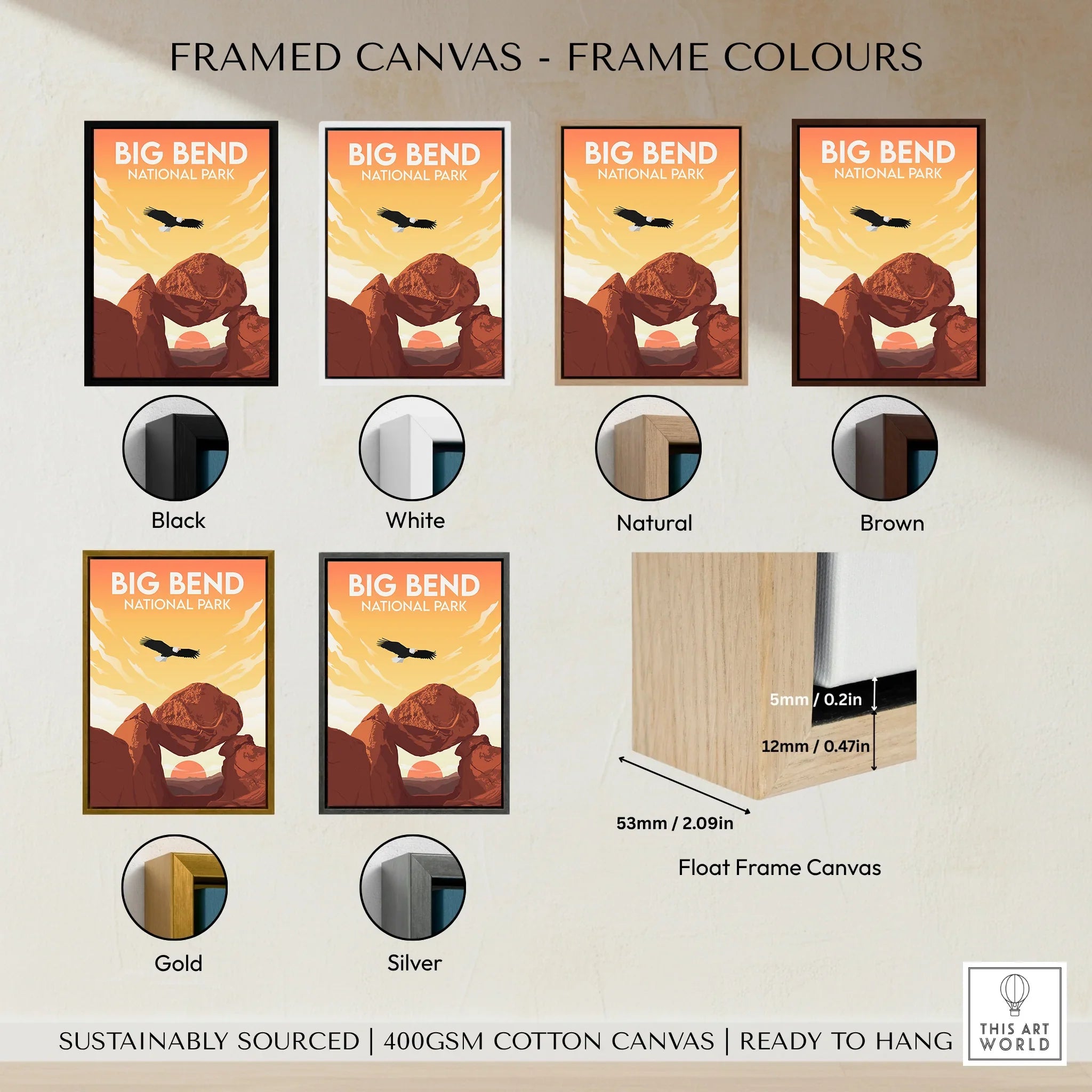 Big Bend National Park travel poster wall art with six frame color options and float frame detail