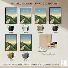 Big Sur framed canvas wall art in six frame colors: black, white, natural, brown, gold, silver