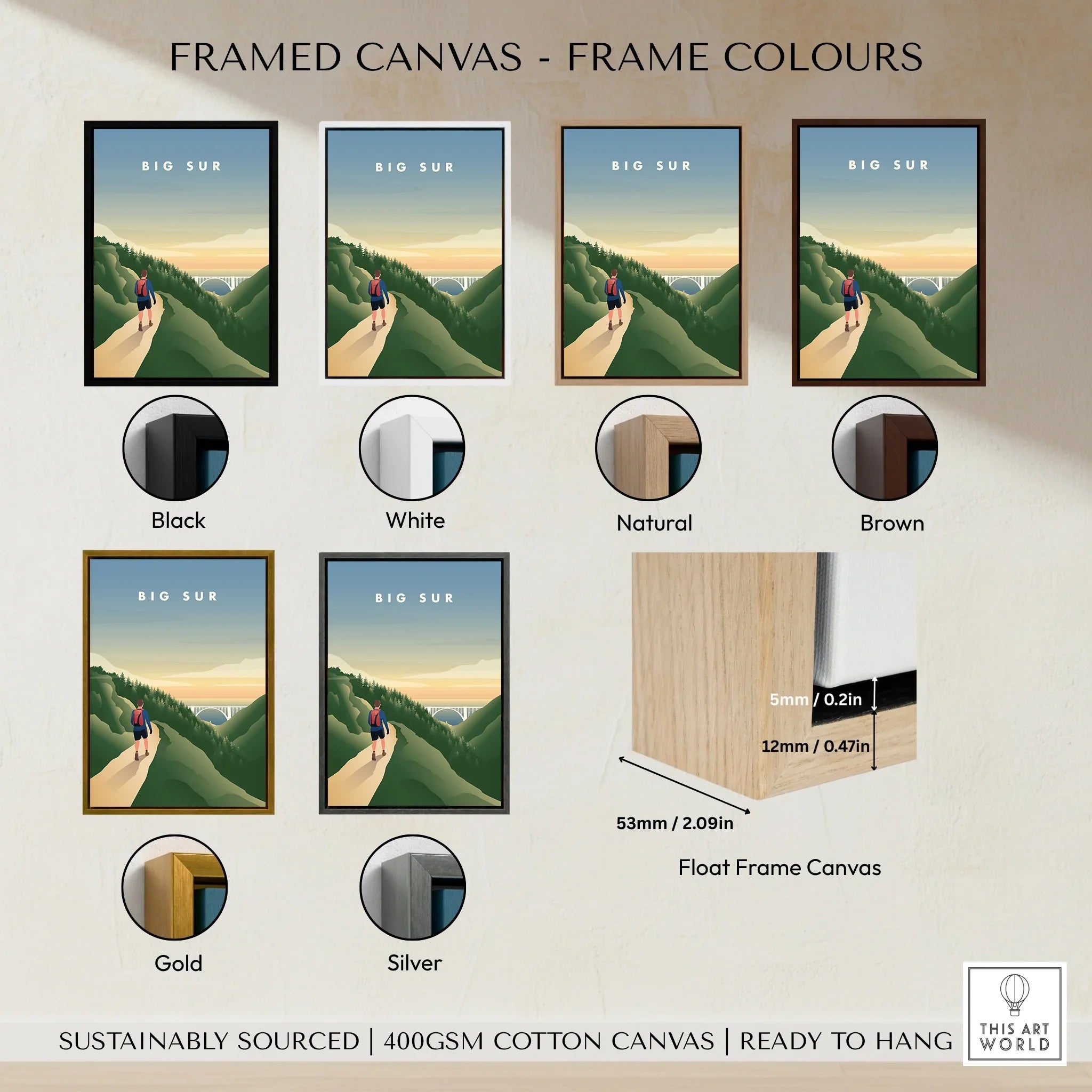 Big Sur framed canvas wall art in six frame colors: black, white, natural, brown, gold, silver