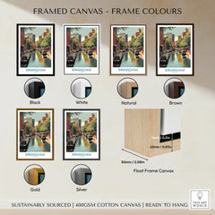 Birmingham canal framed canvas wall art in black, white, natural, brown, gold, and silver frame options