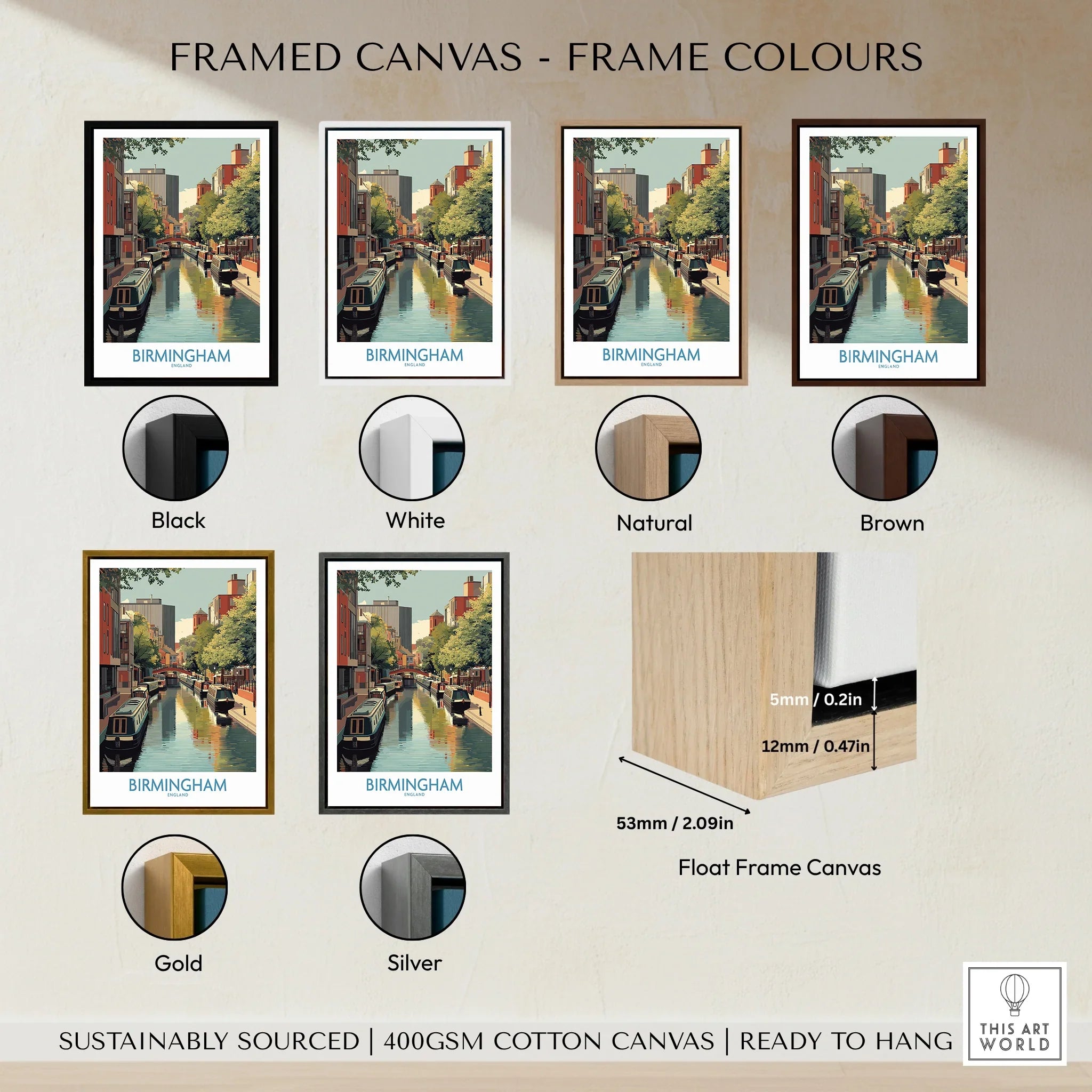 Birmingham canal framed canvas wall art in black, white, natural, brown, gold, and silver frame options