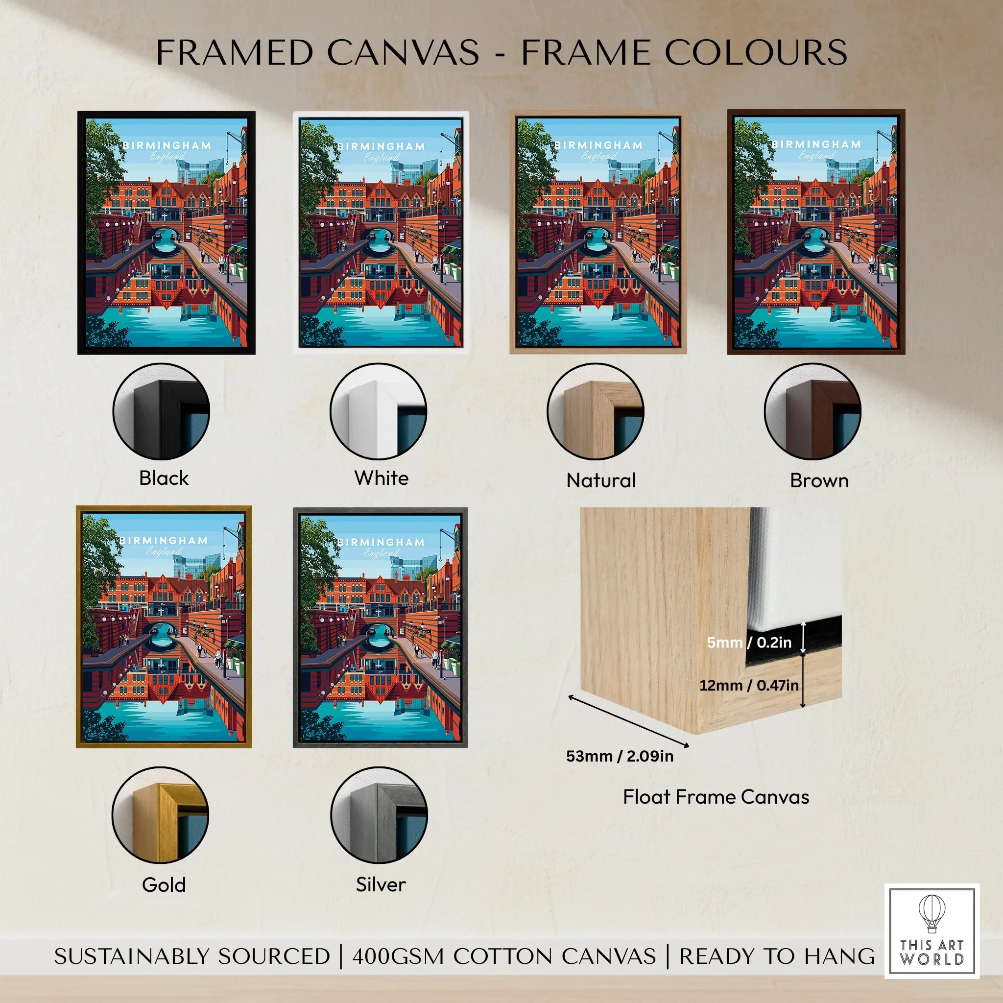 Birmingham travel poster framed canvas in black, white, natural, brown, gold, and silver color options