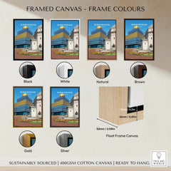 Framed Birmingham travel poster canvas with six frame color options: black, white, natural, brown, gold, silver.