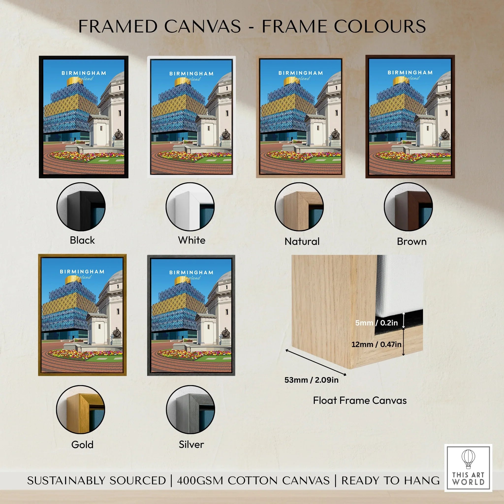 Framed Birmingham travel poster canvas with six frame color options: black, white, natural, brown, gold, silver.