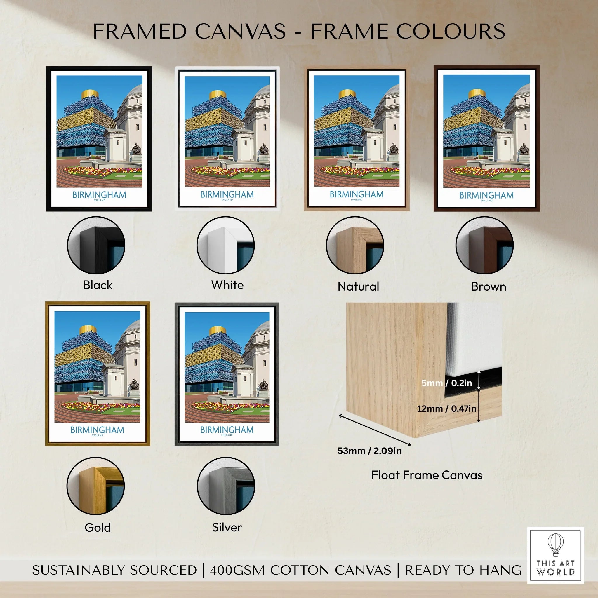 Birmingham city wall art in framed canvas with six frame color options: black, white, brown, natural, gold, silver.