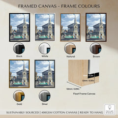 Framed Birmingham travel poster wall art in black, white, natural, brown, gold, and silver float frame canvas options.