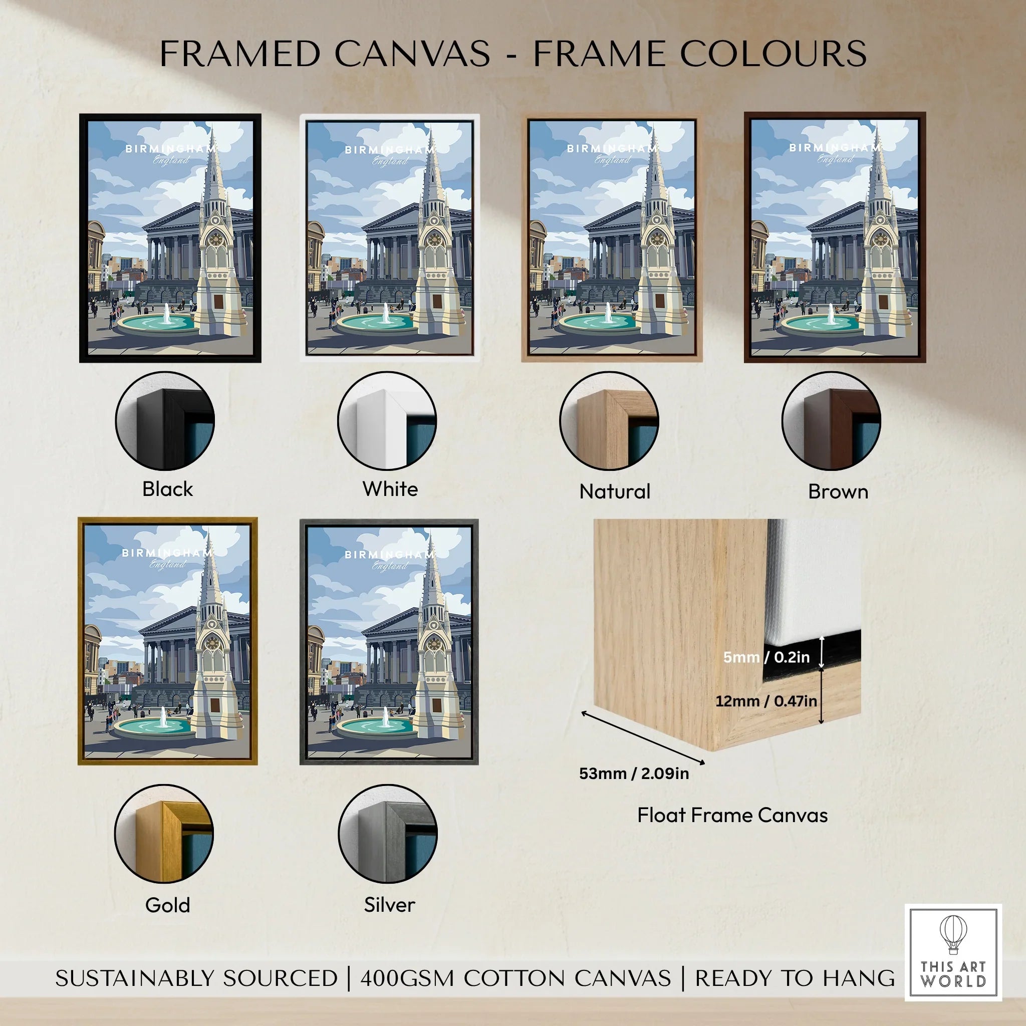 Framed Birmingham travel poster wall art in black, white, natural, brown, gold, and silver float frame canvas options.