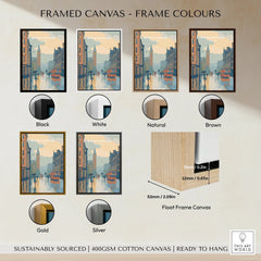 Birmingham city wall art print shown in black, white, natural, brown, gold, and silver canvas float frames.