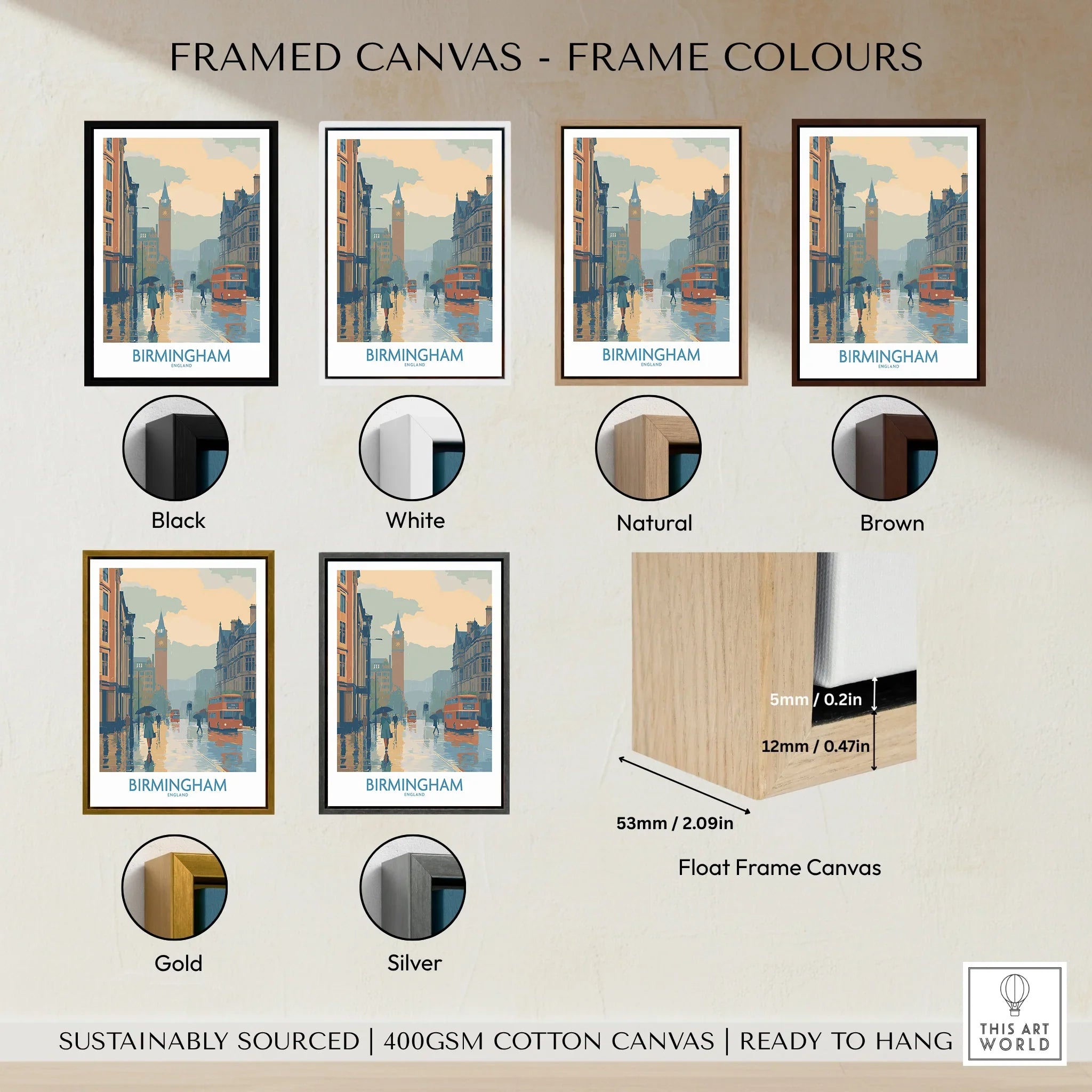 Framed Birmingham city skyline canvas wall art in six frame color options: black, white, natural, brown, gold, silver.