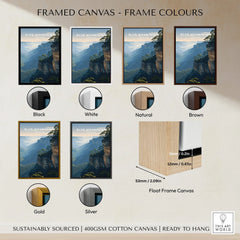 Blue Mountains wall art framed canvas in black, white, natural, brown, gold, and silver frame options.