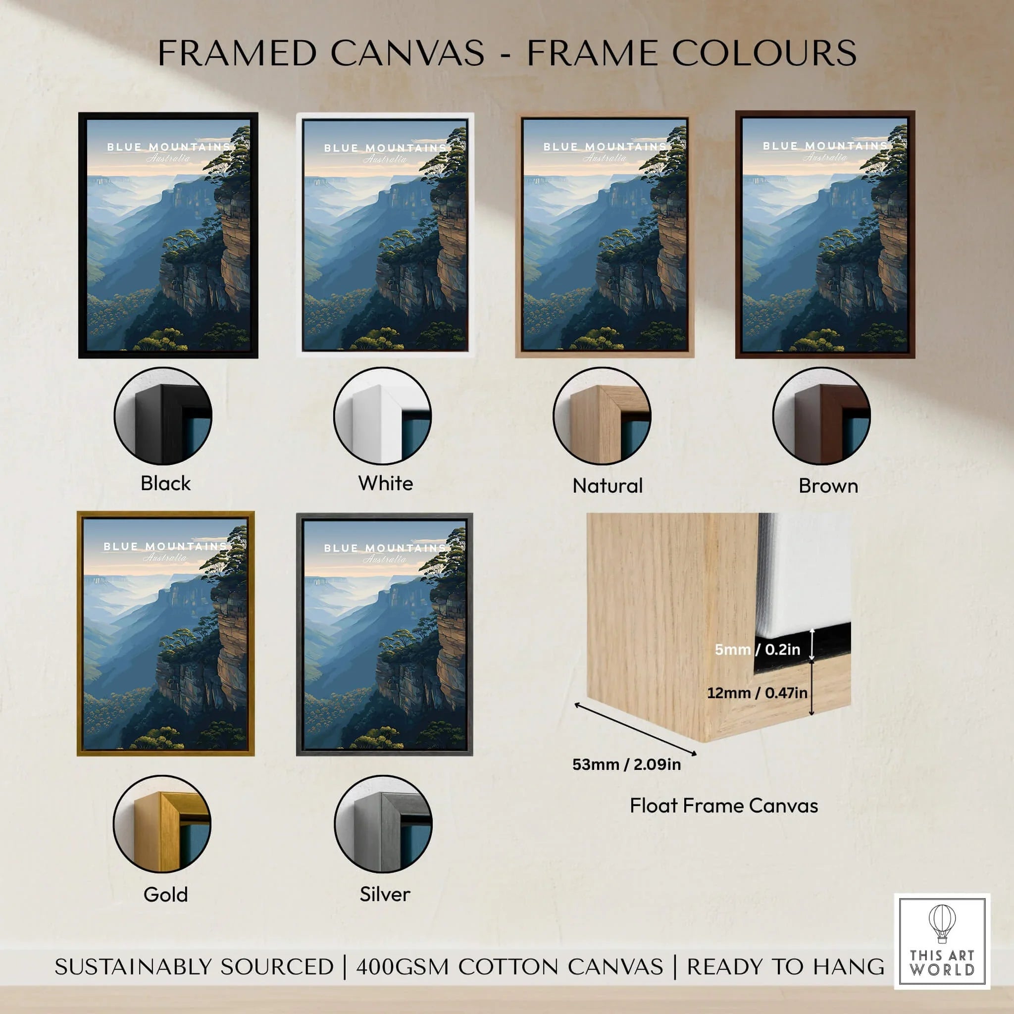 Blue Mountains wall art framed canvas in black, white, natural, brown, gold, and silver frame options.