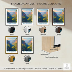 Blue Mountains travel poster in six frame color options including black, white, natural, brown, gold, and silver, with a float frame canvas detail.