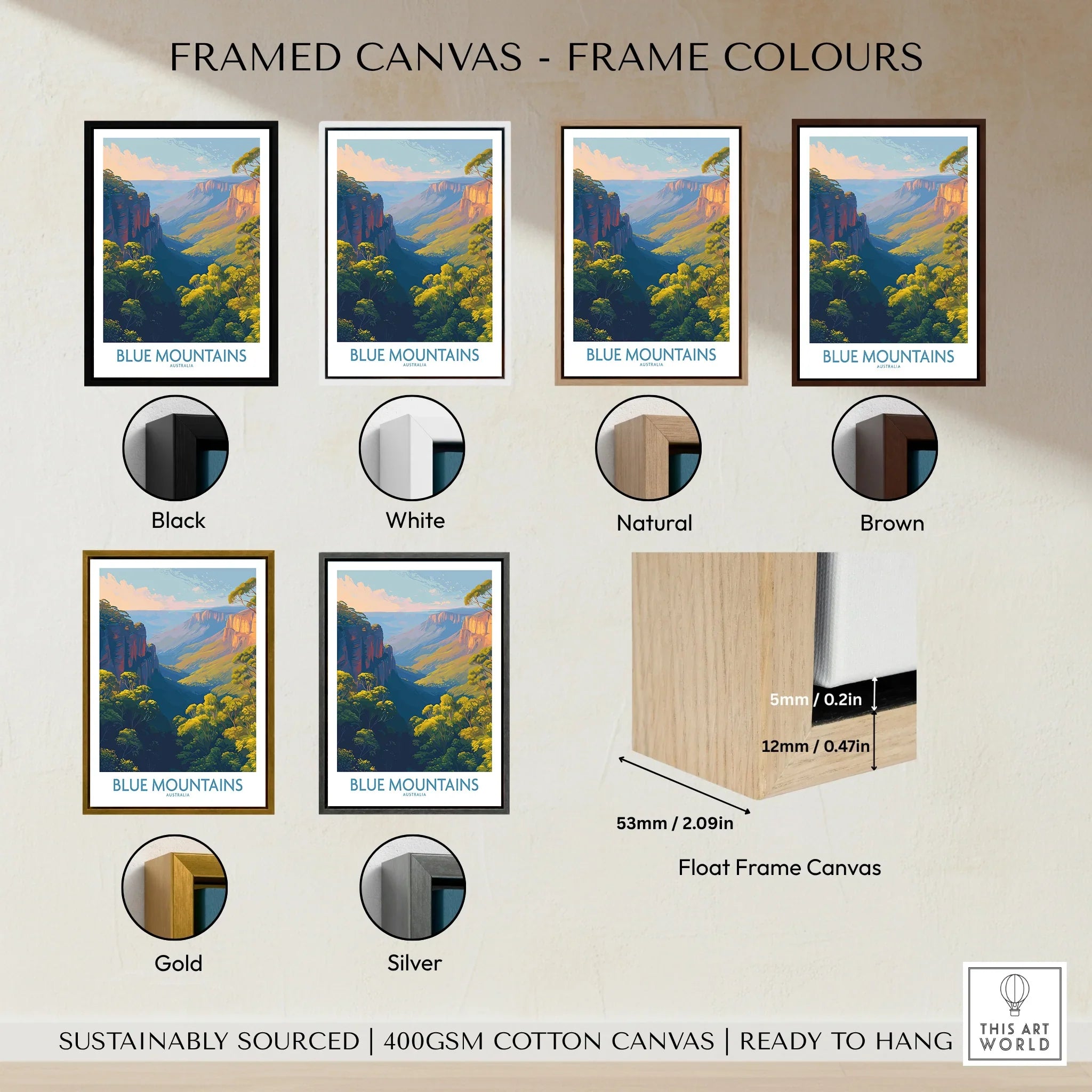 Blue Mountains travel poster in six frame color options including black, white, natural, brown, gold, and silver, with a float frame canvas detail.