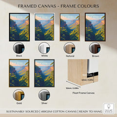 Blue Mountains travel poster framed canvas print in six color frame options, wall art display