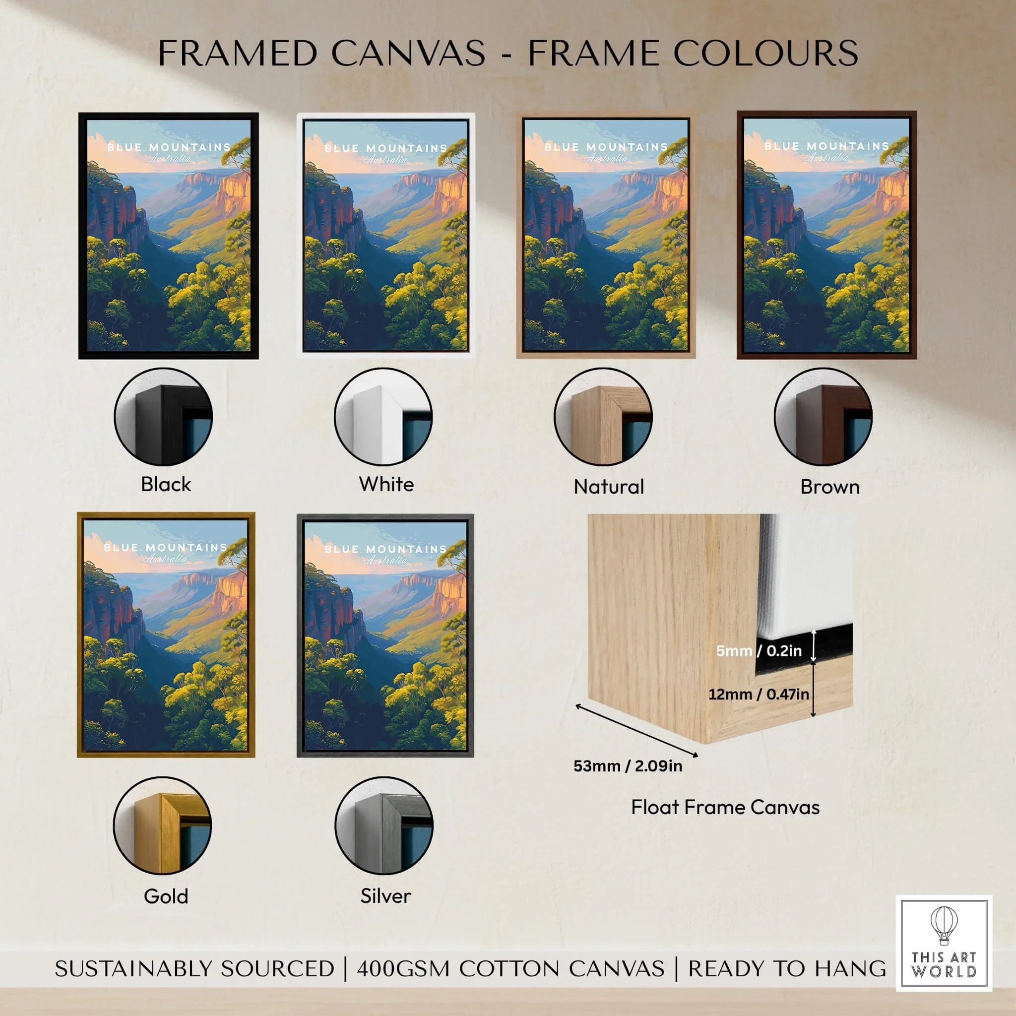 Blue Mountains travel poster framed canvas print in six color frame options, wall art display