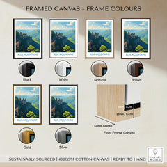 Blue Mountains framed canvas art in six frame color options: black, white, natural, brown, gold, silver, with float frame detail.