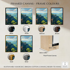 Blue Mountains Australia framed canvas wall art in six frame colors: black, white, natural, brown, gold, and silver, with float frame details.