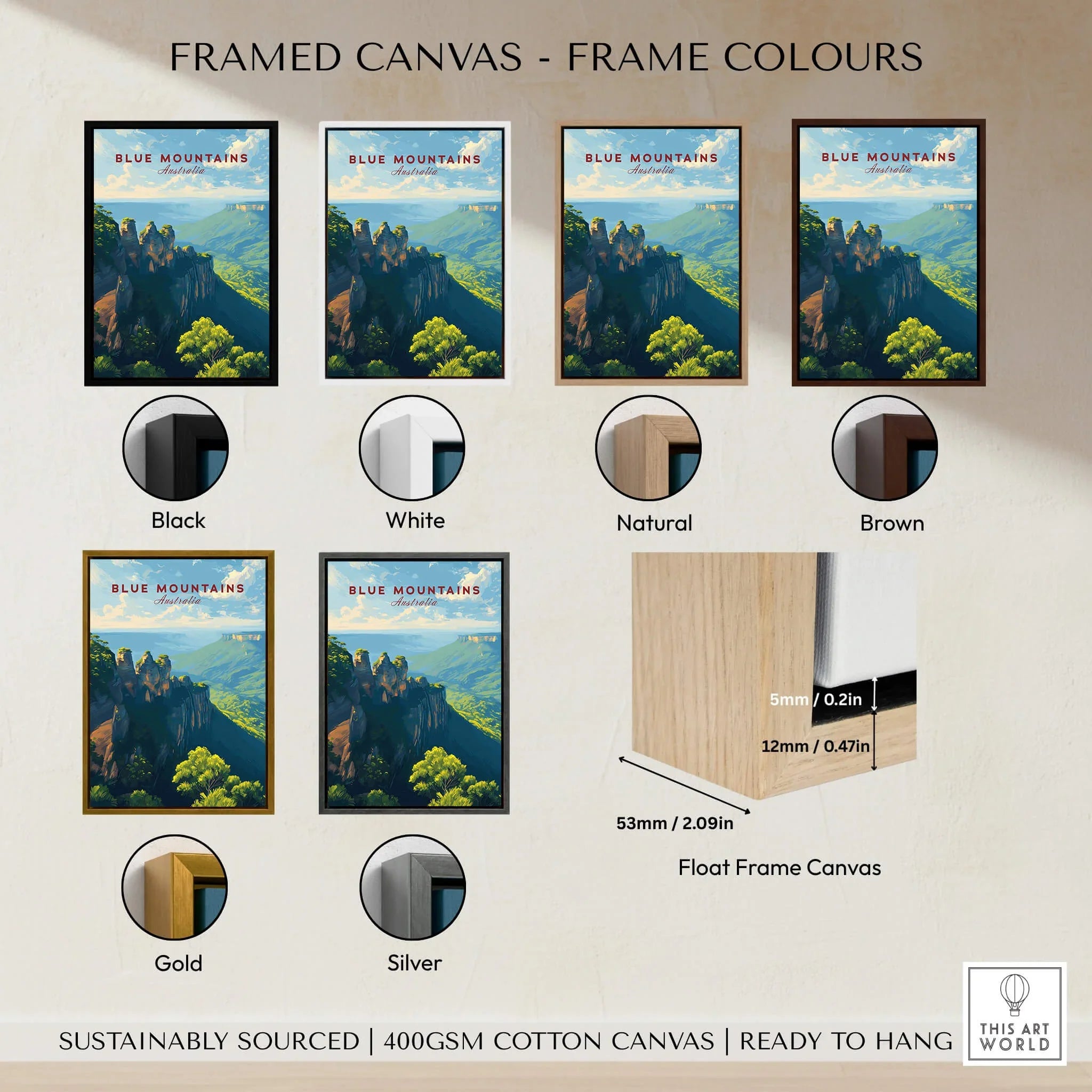 Blue Mountains Australia framed canvas wall art in six frame colors: black, white, natural, brown, gold, and silver, with float frame details.