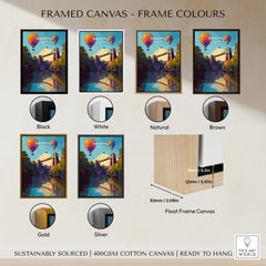 Bristol Travel Poster – Clifton Suspension Bridge and Hot Air Balloons Art displayed in various frame colors.