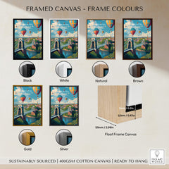 Bristol Travel Poster – Cityscape and Clifton Suspension Bridge Print displayed in various frame colours.