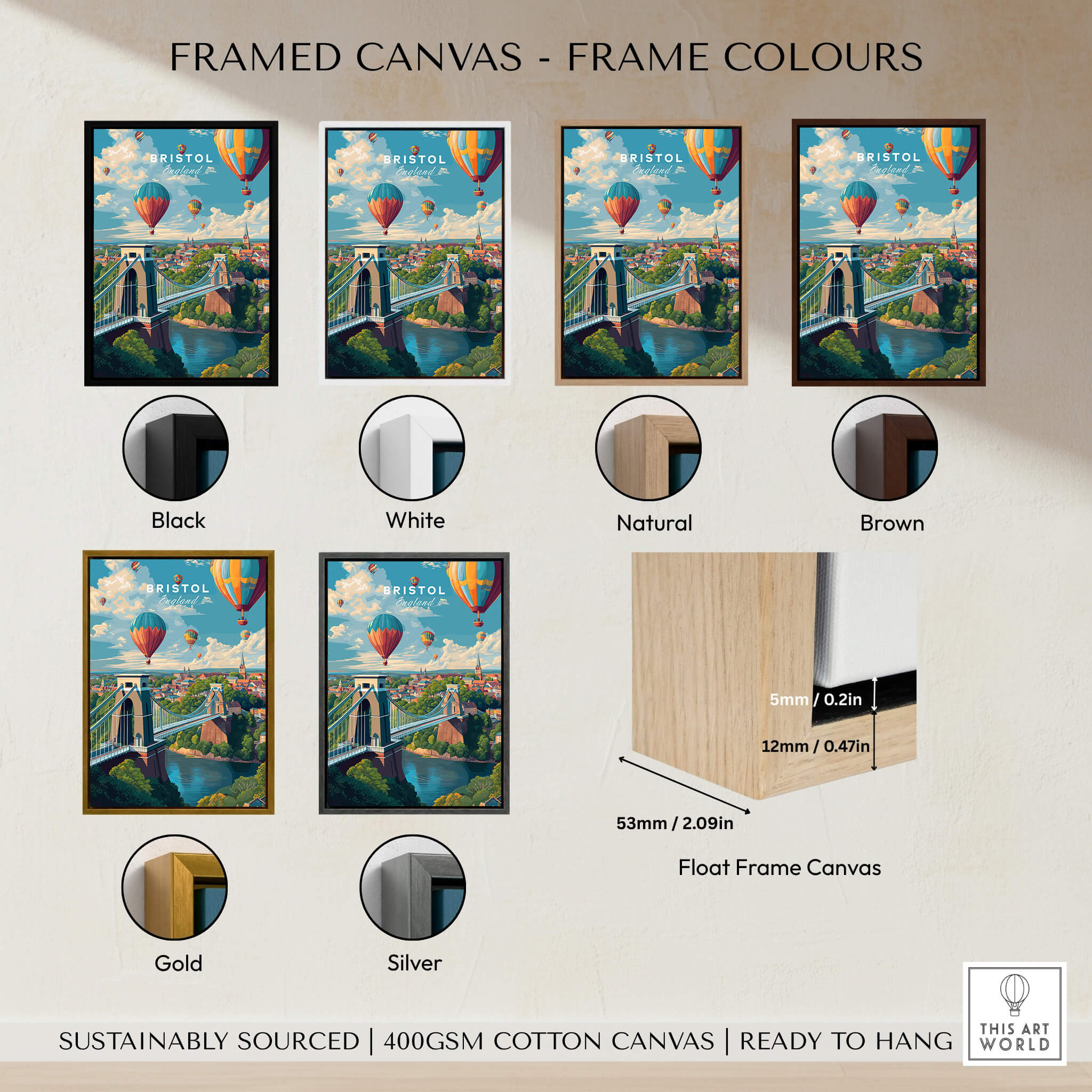 Bristol Travel Poster – Cityscape and Clifton Suspension Bridge Print displayed in various frame colours.