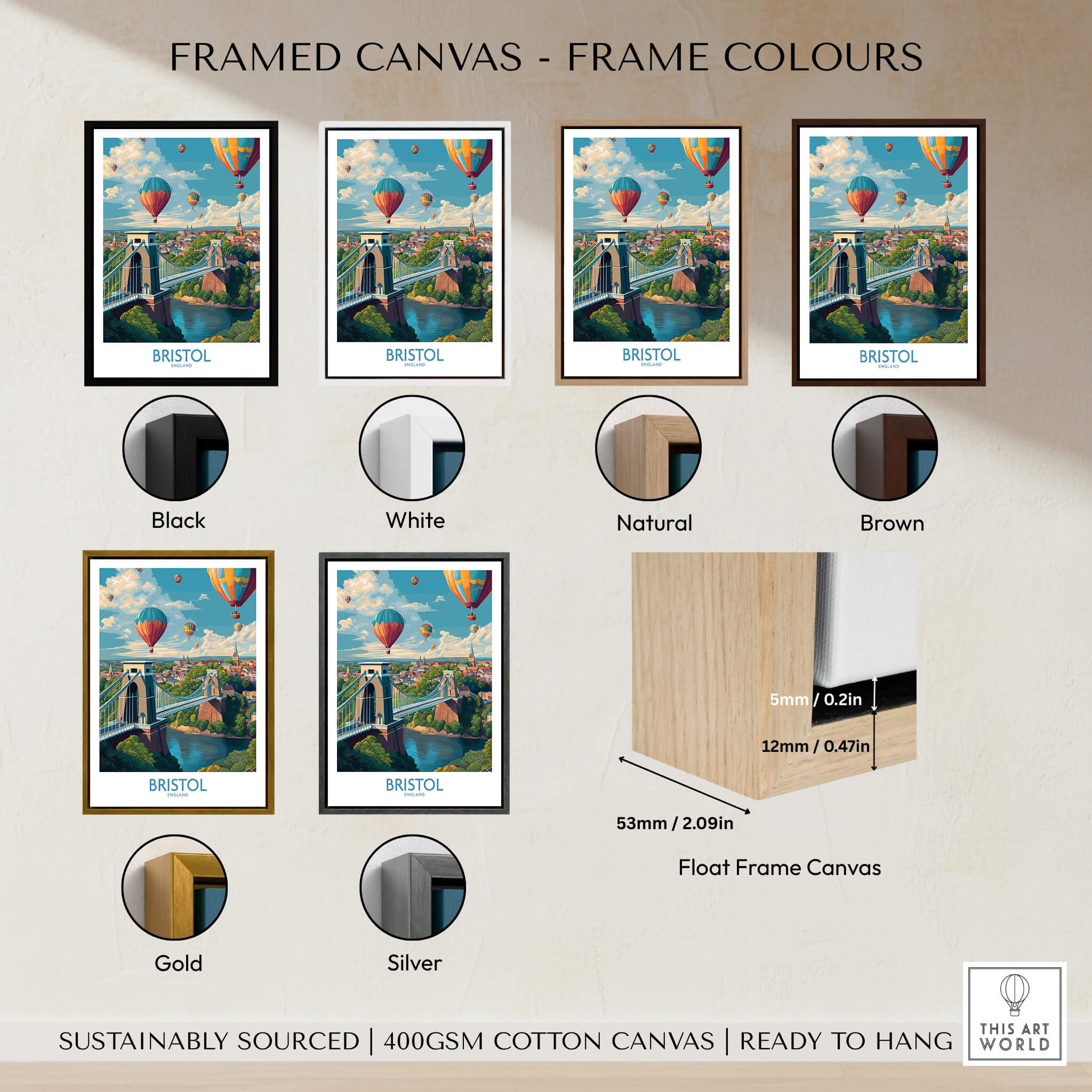 Bristol England Print – Hot Air Balloons Over Historic City Wall Art showcased with various frame color options.