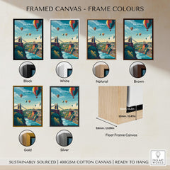 Bristol Art Print - Clifton Bridge Poster showcased in various frame colors, including black, white, natural, and brown.