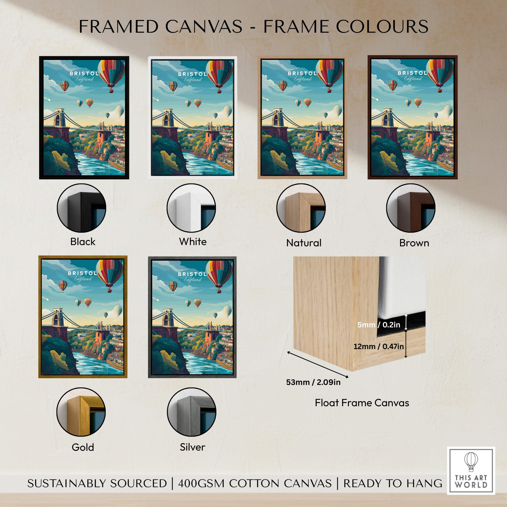 Bristol Art Print - Clifton Bridge Poster showcased in various frame colors, including black, white, natural, and brown.