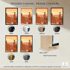 Bryce Canyon National Park canvas wall art in black, white, natural, brown, gold, and silver float frames.