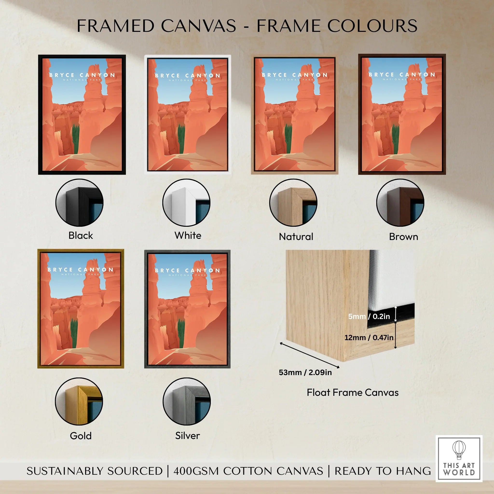 Bryce Canyon National Park wall art print in six frame color options: black, white, natural, brown, gold, and silver, shown as framed canvas ready to hang.