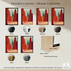 Bryce Canyon National Park travel poster framed canvas print, six frame color options shown.